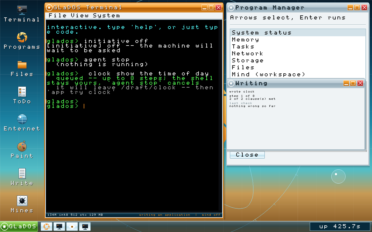 The GLaDOS desktop with a terminal and a small Writing window reporting the progress of an application the machine is writing for itself: step 1 of 8, 2 of 2 clauses met, nothing wrong so far