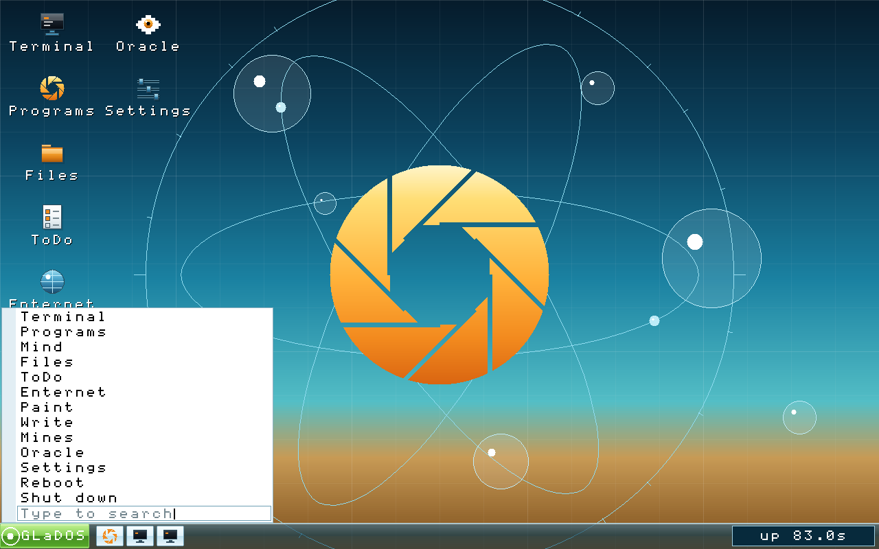 The GLaDOS desktop: a teal-to-gold horizon wallpaper with the Aperture mark lit as the sun and thin orbital rings around it, an icon column down the left, and the Start menu open above the taskbar with a search row at its foot