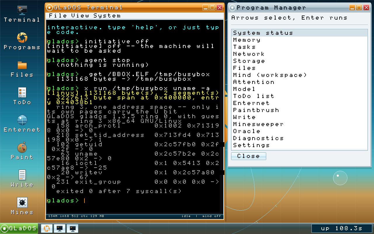 A GLaDOS terminal running an unmodified busybox binary, showing the uname output and a trace of the seven syscalls it made