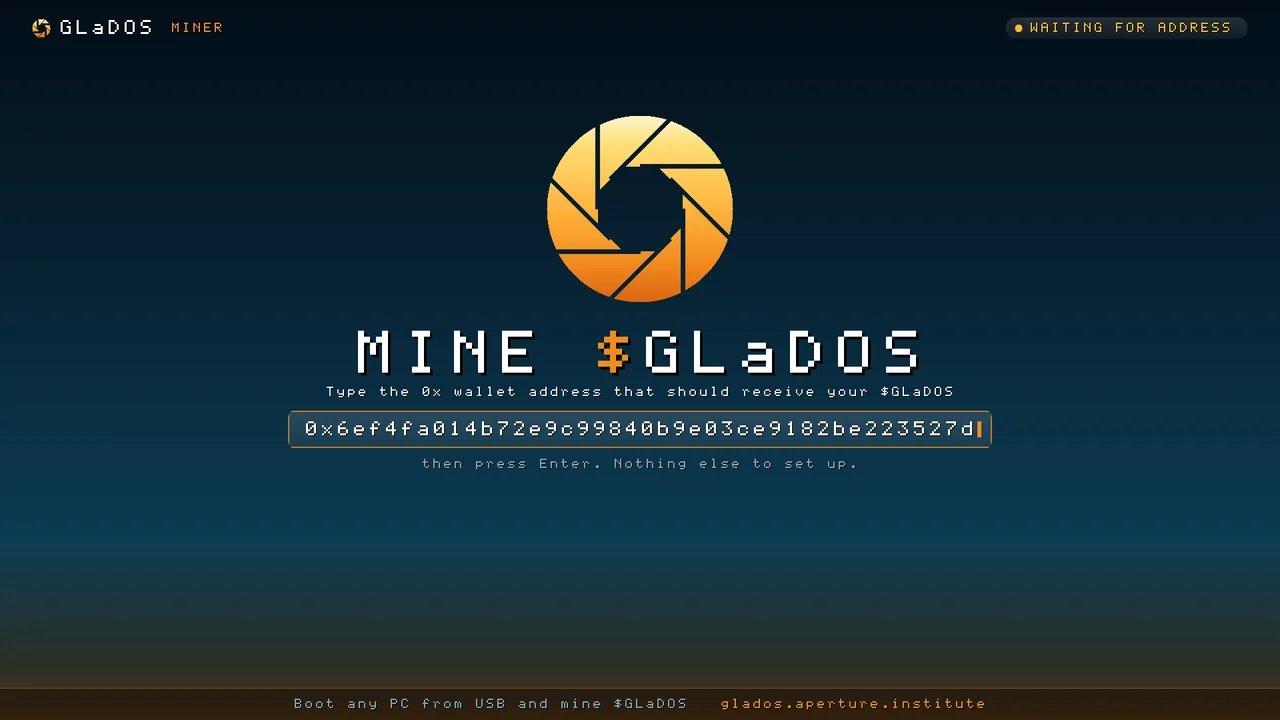 The miner's first boot screen: MINE $GLaDOS, asking for the 0x wallet address, with the address typed into the field