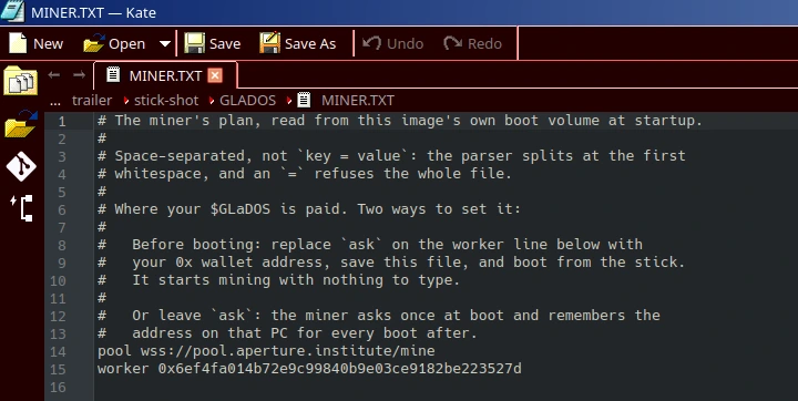 MINER.TXT open in a text editor, with a 0x wallet address on the worker line