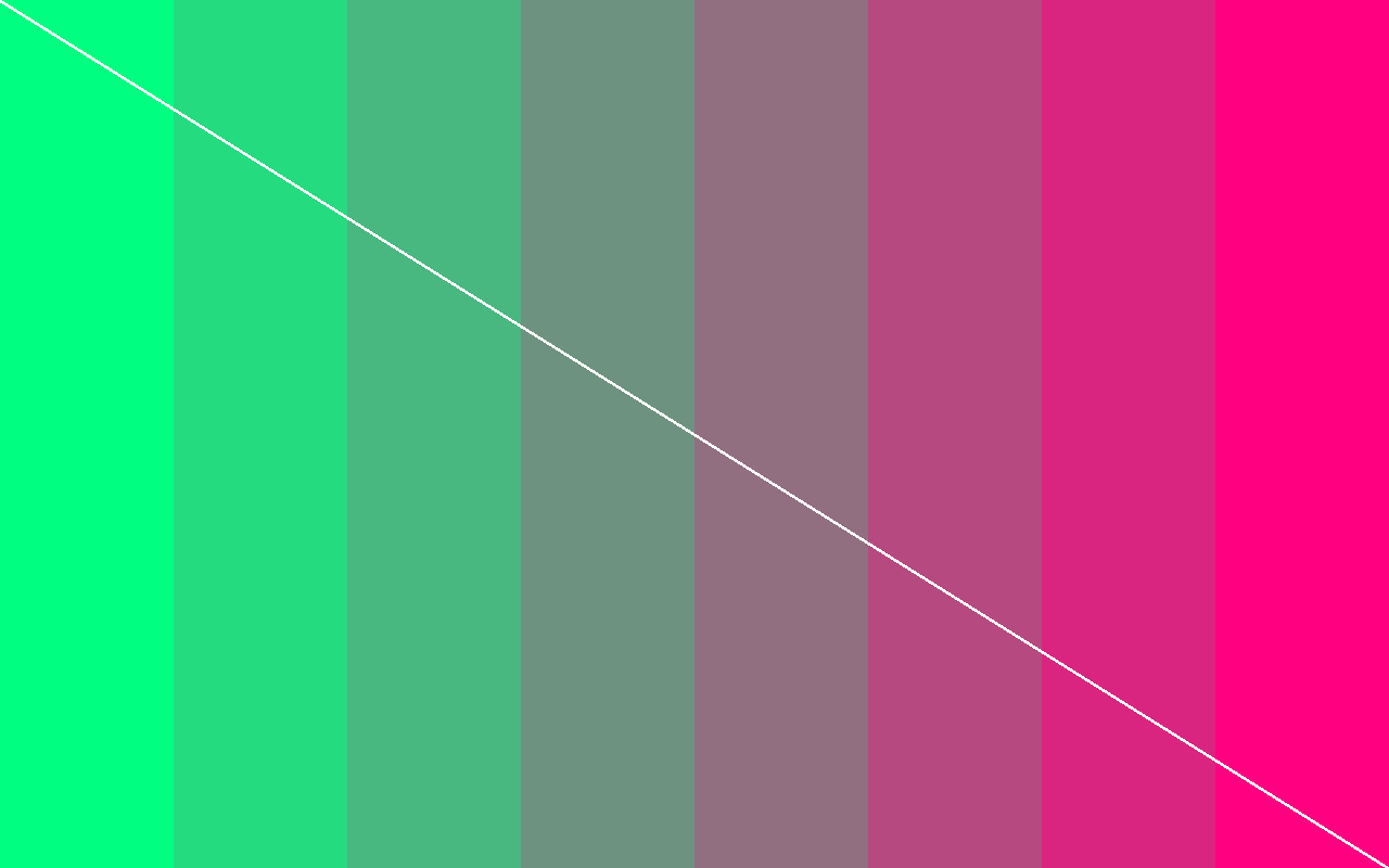 Eight vertical colour bands from green to magenta with a single white diagonal line running corner to corner, drawn by an SDL2 program